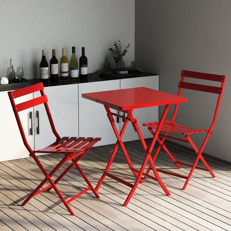 Bistro pliable à 3 terrasses - rouge. Table et chaises en métal. , Pour l'intérieur et l'extérieur. Assemblage facile. Rouille rayée. Support de chaise de 330 lb. Balcons bistro peu encombrants, meubles 3 pièces. Fabrication.