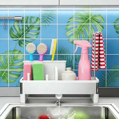 Stainless Steel Sink Caddy With Brush Holder Dishcloth Rack White
