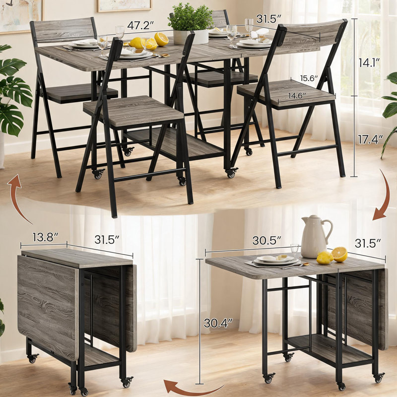 Space-Saving 5 Piece Folding Dining Table Set for 4 – Drop Leaf Kitchen Table with 4 Collapsible Chairs, Storage Shelf, Lockable Wheels, Compact Sturdy Steel Frame – Ideal for Small Dining