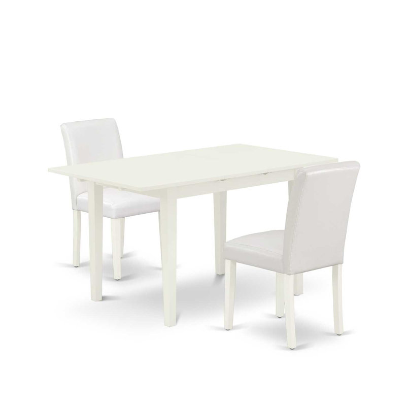3-Piece Linen White Finish Rectangular Solid Wood Top With Butterfly Leaf Dining Table Set