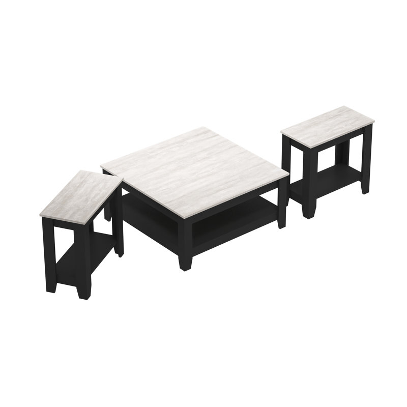 Weddel Basilico Modern Farmhouse 3 Piece Living Room Table Set, Dusty Gray Oak/Black