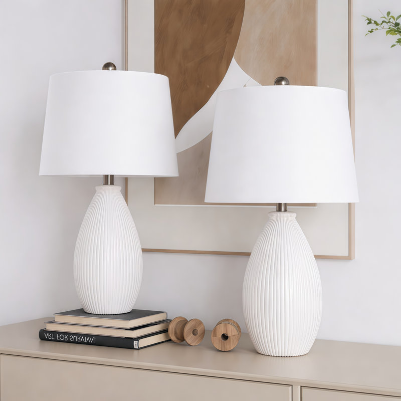  Wharton 22" Modern White Ceramic Table Lamp with 3-Way Dimming for Living Room, Bedroom and Study, White