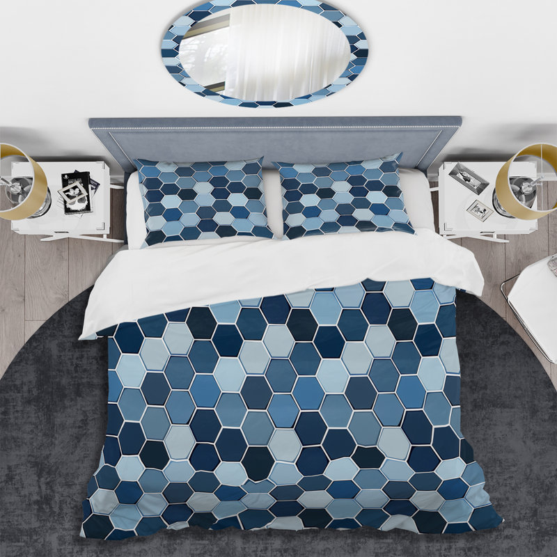 Ensemble de housse de couette moderne à motif hexagonal blanc et bleu, Housse de couette simple et deux taies décorative