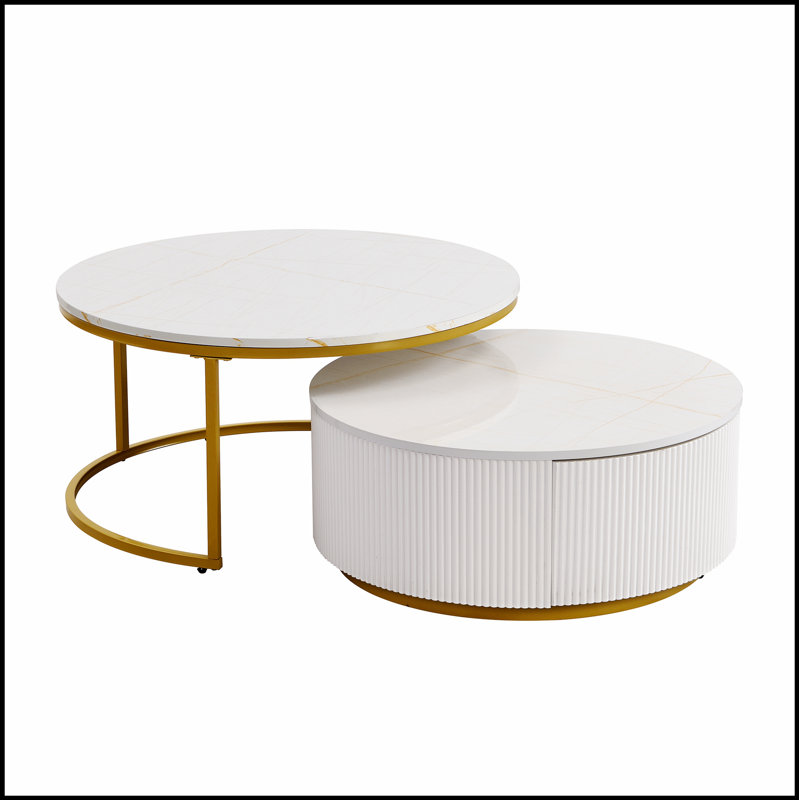 Table basse gigogne ronde moderne avec motif cannelé et tiroir, blanc et or, 27,6 po