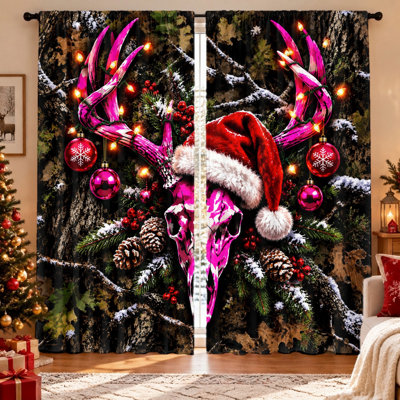 2Pcs rideaux de Noël avec imprimé de crâne de cerf, conception festive, filtrage de la lumière, écran d'intimité, passe-tringle, lavable à la machine, parfait pour le salon, la chambre à coucher, la cuisine, la décoration intérieure, les articles essentiels