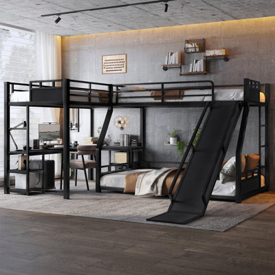 L-Shaped Metal Bunk Bed (Top Bed: Twin, Bottom Bed: Full ) With Single Loft Bed, Desk, And Storage Shelves, Usb Charging Port Included - Metal Triple Bunk Bed With Slide,Black