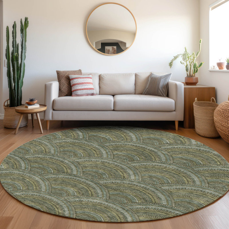 Premium Machine Washable Prisco Olive Rug, Round 8'