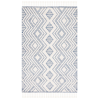 Tapis bleu / ivoire en laine / coton tissé à la main Apeksha