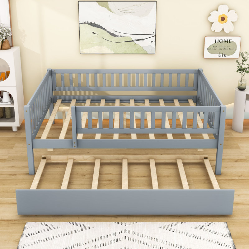 Aldora Wood Daybed with Twin Trundle and Fence Guardrails, Gray, Full
