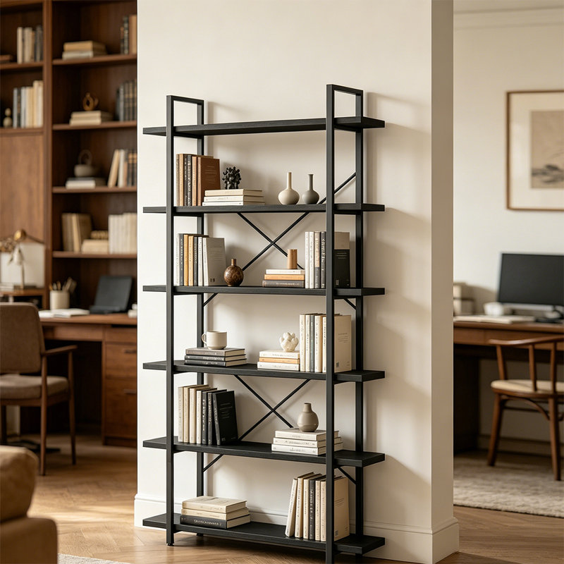 Bibliothèque à 6 niveaux, présentoir industriel en bois et bibliothèque avec cadre en métal pour bureau à domicile, Black