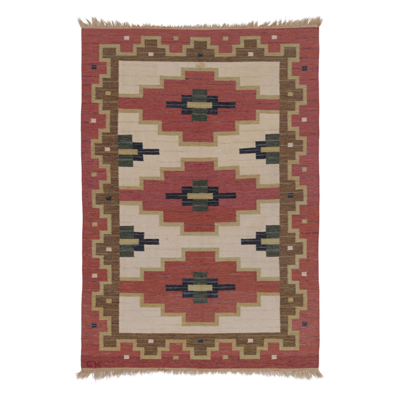 Vintage Swedish Rya Flatweave, Beige With Red Geometric Medallion - Rug & Kilim