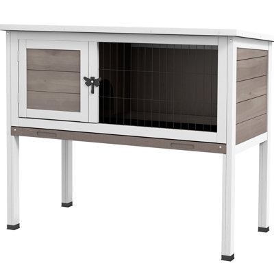 Indoor/outdoor Elevated Rabbit For Single, Dwarf, Or Guinea Pig, Brown Structure, Hinged Asphalt Roof, Removable Tray, Usable Space Under Legs Storage