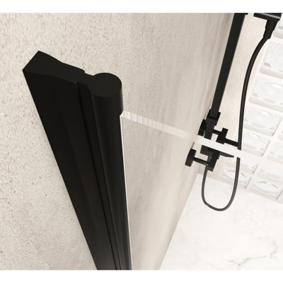 Porte de douche pivotante en verre trempé épais de 6 mm avec demi-cadre en aluminium noir mat, film résistant, poignée en acier inoxydable esthétique, porte à cadre peu encombrant pour installation dans la salle de bain, cadre de 28 po x 72 po, adaptable