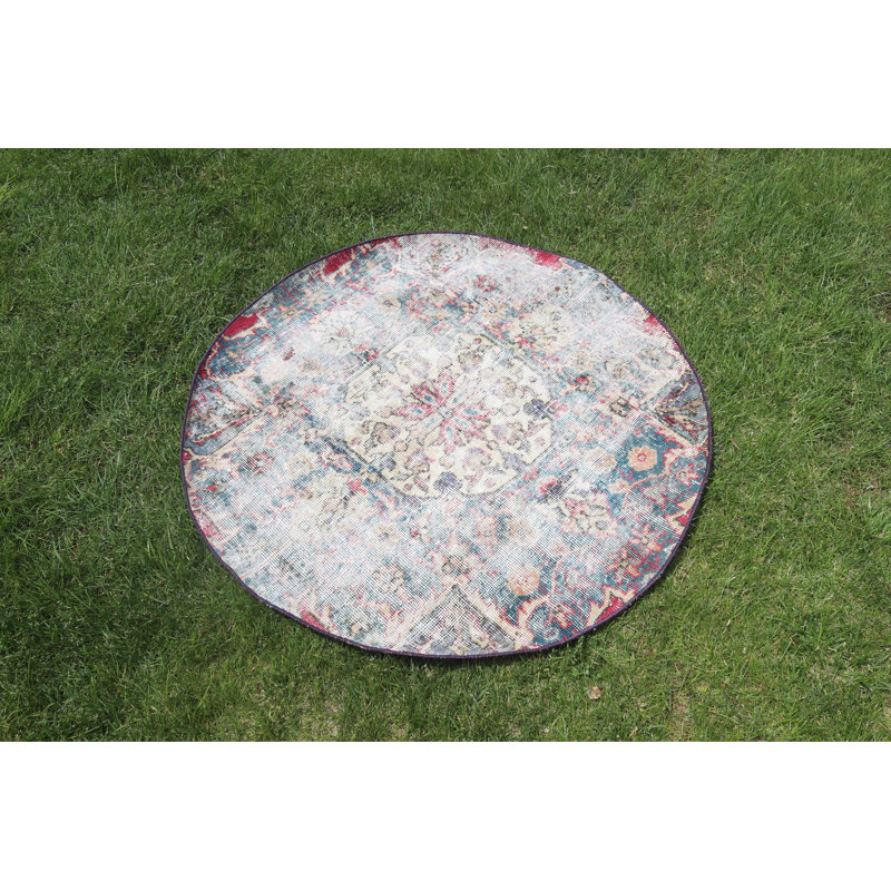 Tapis rond rétro vintage en oushak turc pour tapis d'entrée ou de porte - design authentique Anatolian