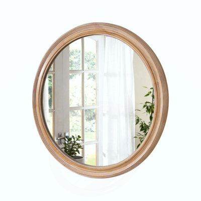 Round Wall Mirror for Bathroom Vanity, Wooden Farmhouse Circle Mirrors for Bedroom, Entryway, Living Room, Kithen Whitewash Edge Decorative Mirror for Home, Office