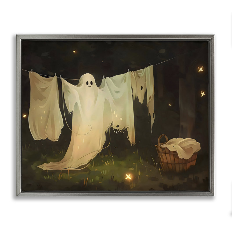 Cadre flottant Halloween Laundry Ghost, design par Arlington Prints, Cadre flottant gris lustré, H 17 po x l 21 po