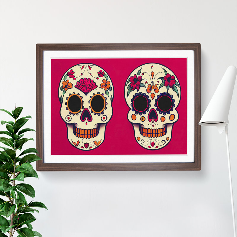 Floral Sugar Skulls - Single Picture Frame Print, 46cm H x 64cm W x 2cm D, Walnut