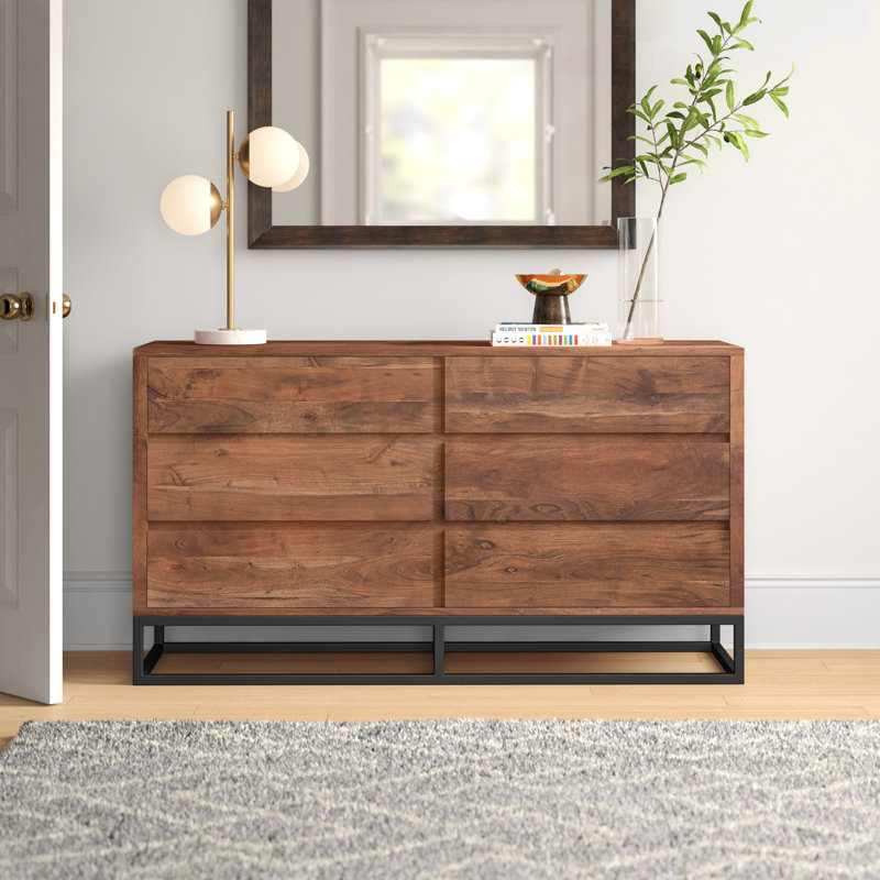 Pantai Modern 6 Drawers Acacia Wood Dresser or Display Unit With Metal Base, Walnut Brown and Black
