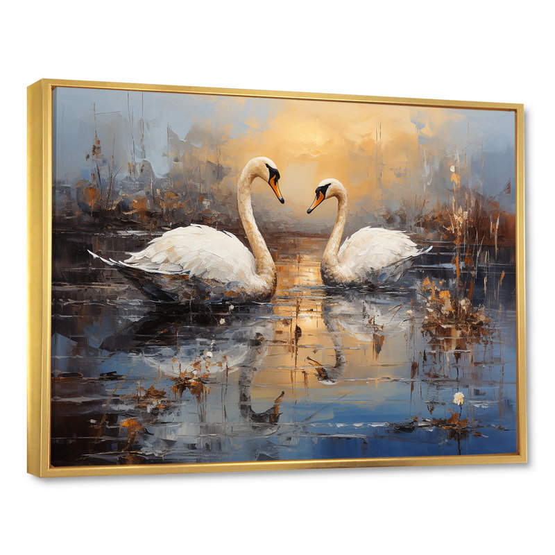 White Swans Harmony Moonlight Pond V - Art mural animaux cygnes, Cadre flottant doré, H 30 po x l 40 po x P 1,5 po