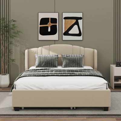 Lit plateforme tapissier chic avec gigogne et tête de lit à deux tiroirs