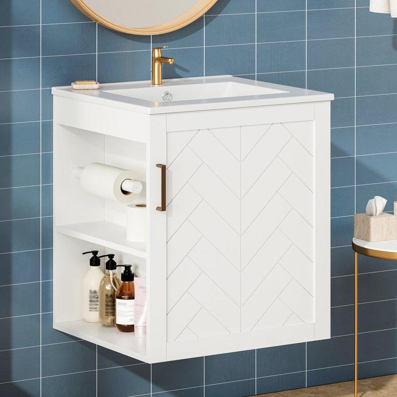Meuble-lavabo mural de 50 cm (20 po), blanc, moderne, avec lavabo, tablette latérale ouverte et porte-papier hygiénique, matériau résistant à l'eau, solution gain de place