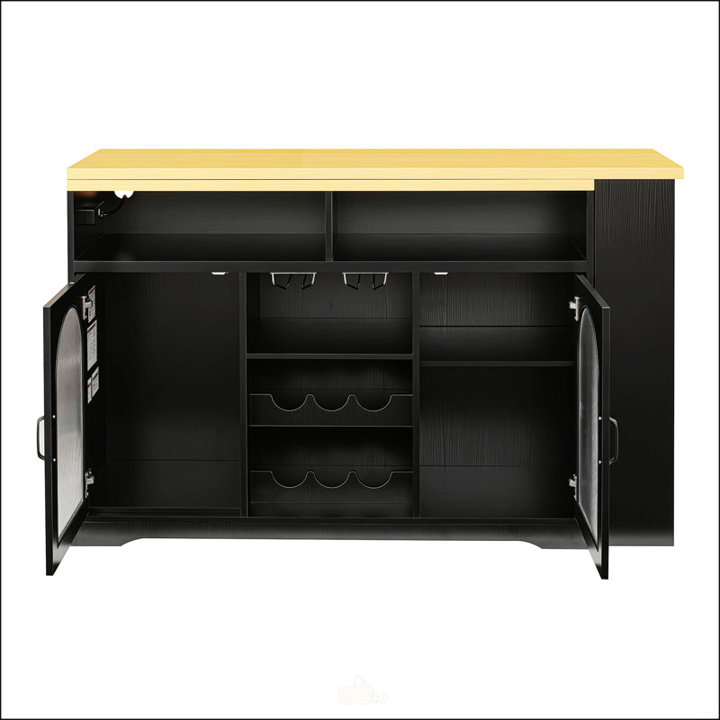 Buffet U_STYLE avec plateau extensible et casier à vin, table de bar haute avec éclairage DEL et prise électrique, chariot à vin mobile de style campagnard
