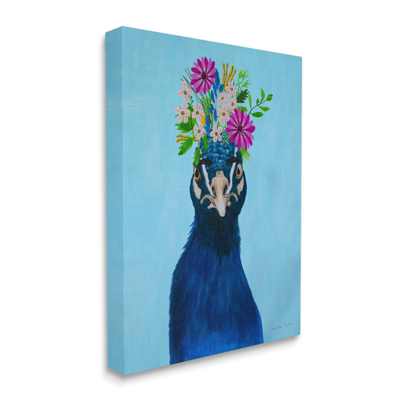 Gerbera Forget Me Not Flowers, portrait d'un paon bleu royal par Coco de Paris - Peinture, Toile tendue