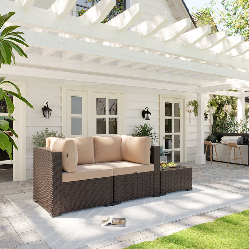 3 -Person Rattan Patio Safo With Cushions, Brown, White