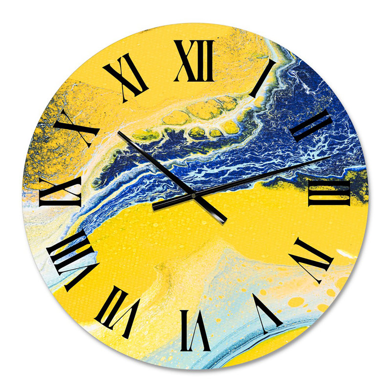 Composition abstraite en jaune et bleu VII - horloge murale moderne, Surdimensionné