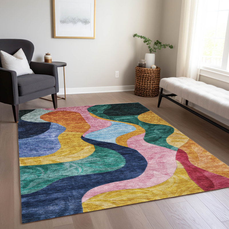 Multicolor Abstract Flat Woven Washable Synthetic Area Rug