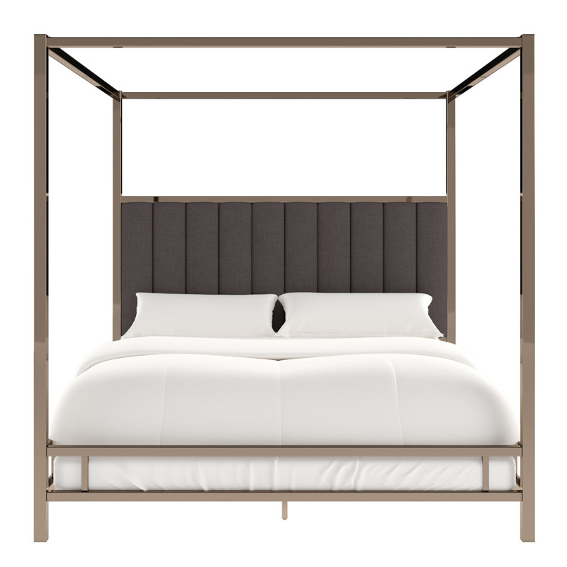 Upholstered Metal Canopy Bed, Champagne Gold/Dark Gray, Queen
