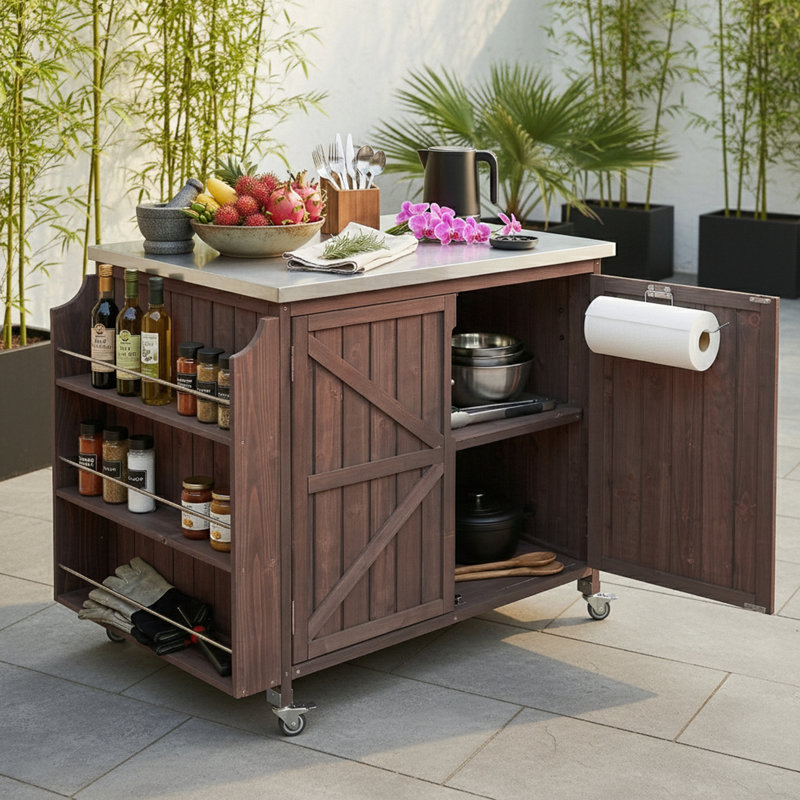 Îlot de cuisine extérieur en acier inoxydable avec tablette latérale et tablette réglable, Brun