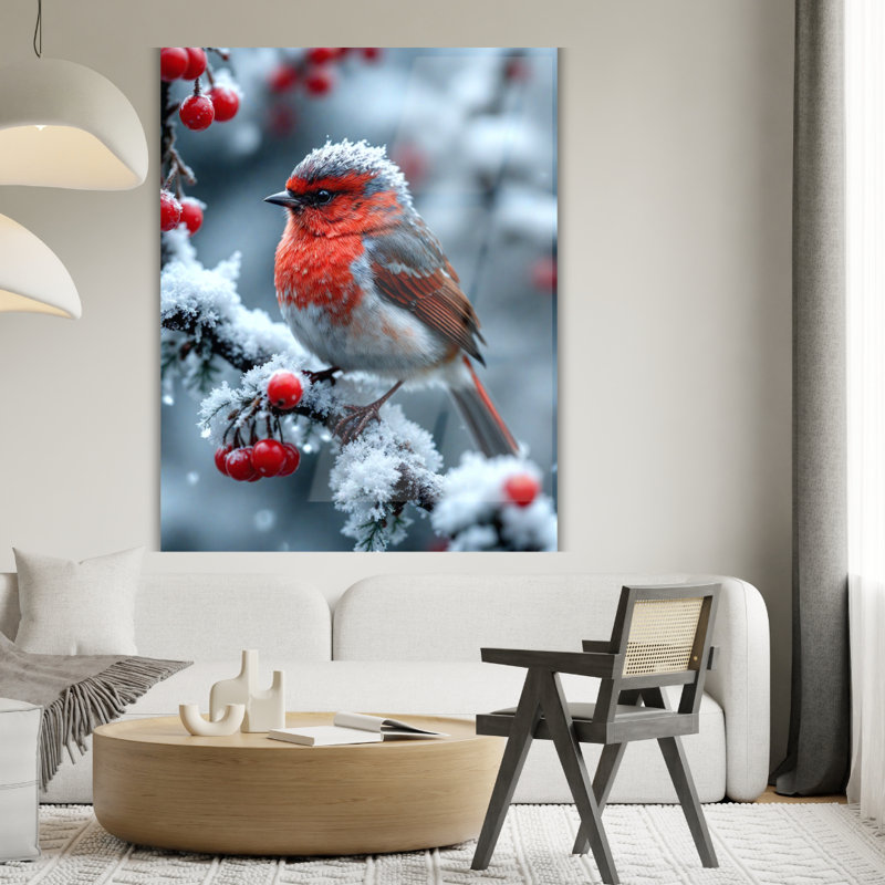 Tableau mural en verre trempé Oiseau chanteur rouge Nature hivernale, H 36 po x l 24 po
