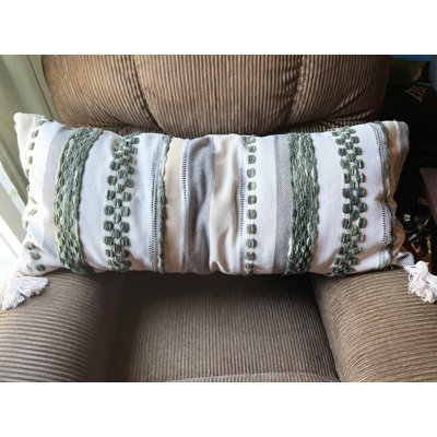 Housse de coussin lombaire à rayures géométriques 3D en coton chenille, longue taie décorative à glands avec fermeture à glissière cachée