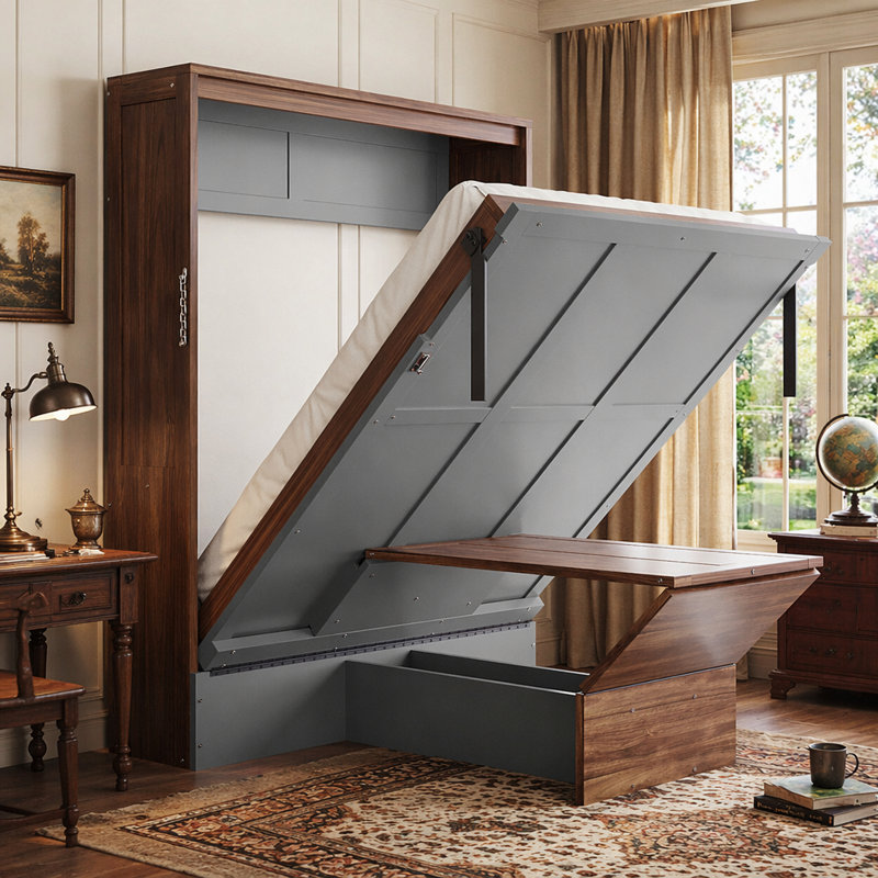 Lit escamotable peu encombrant avec bureau pliable, idéal pour les petits espaces de vie, offrant confort, fonctionnalité et polyvalence