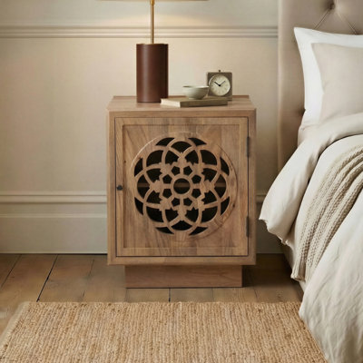 Wharby Mango Wooden 2 Shelved Doored Cabinet Sideboard - Decorative Floral Lattice Design