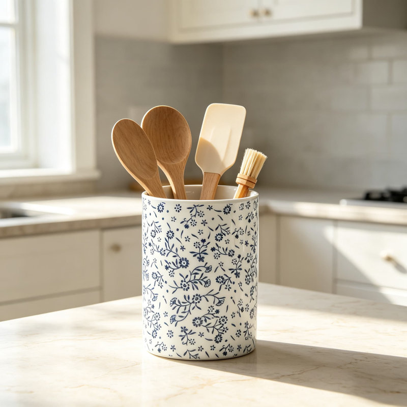 Très grand porte-ustensiles en céramique pour comptoir de cuisine, spatule robuste et organisateur d'ustensiles de cuisine, décor de cuisine rustique d'appartement de campagne, pot résistant aux ébréchures pour les louches, les cuillères et les pinces
