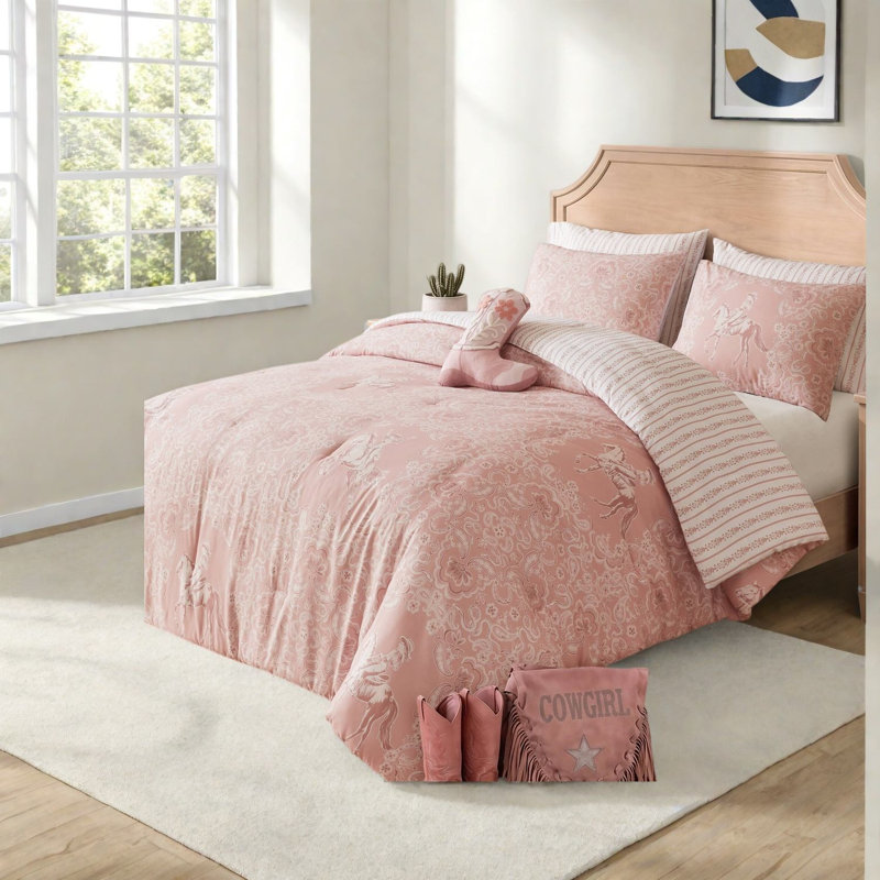 Ensemble de literie rose western cowgirl, 1 place et 1 place et demie, en microfibre.