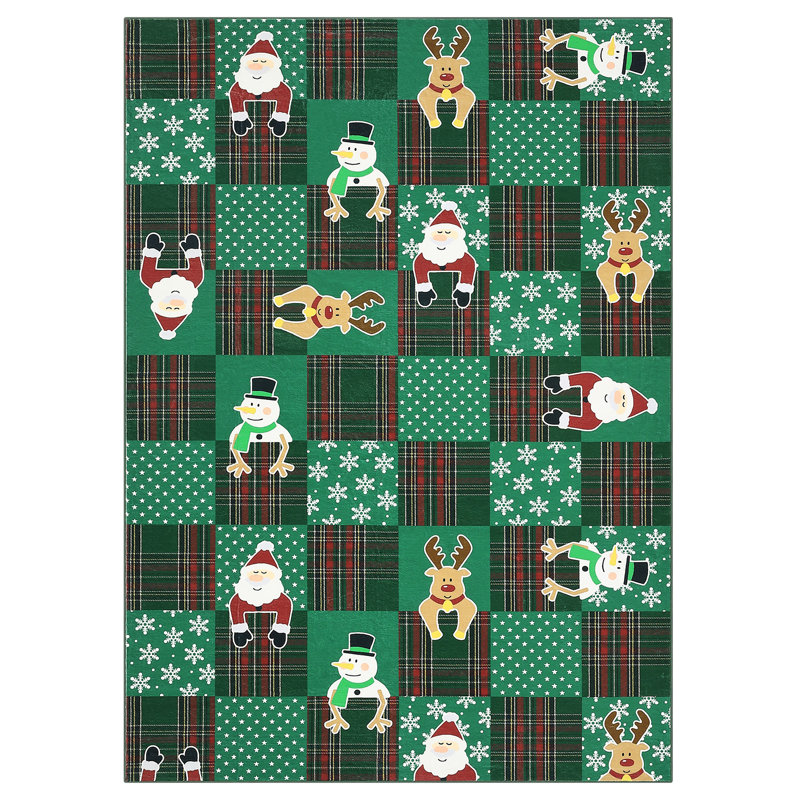 Washable Area Rug 8x10 Modern Ultra Soft Bedroom Rug with Non Slip Backing, Non Shedding Stain Resistant Carpet, Christmas Checkered Low Pile Portable Floor Cover for Living Room, Green