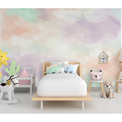 Rainbow Watercolor Cloud Wallpaper Stars Peel And Stick Girl Room Wallpaper Nursery Self Adhesive Rainbow Nursery Decor Mural (Non-Woven) 898DRS