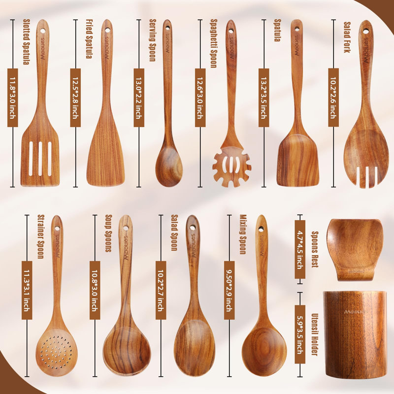 Mooues cuillères en bois pour la cuisine, ensemble d'ustensiles de cuisine en bois de teck 12PCS avec repose-cuillère - fini lisse, antiadhésif, prise confortable, ensemble d'ustensiles de cuisine résistants à la chaleur