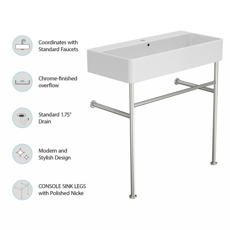 Glossy White Ceramic Rectangular Console Sink with Steel Legs