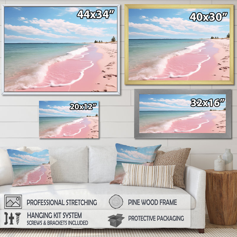 «Pink Minimalisme Beach Landscape I - Coastal Beach», art mural encadré, H 12 po x l 20 po x P 1 po, Cadre flottant noir