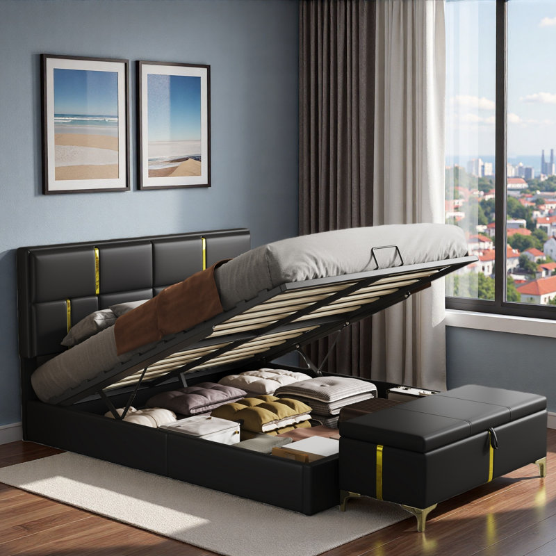 Les ensembles de chambre à coucher 2 pièces comprennent 1 lit plateforme tapissier avec système de rangement hydraulique, 1 repose-pieds avec rangement et pieds en métal