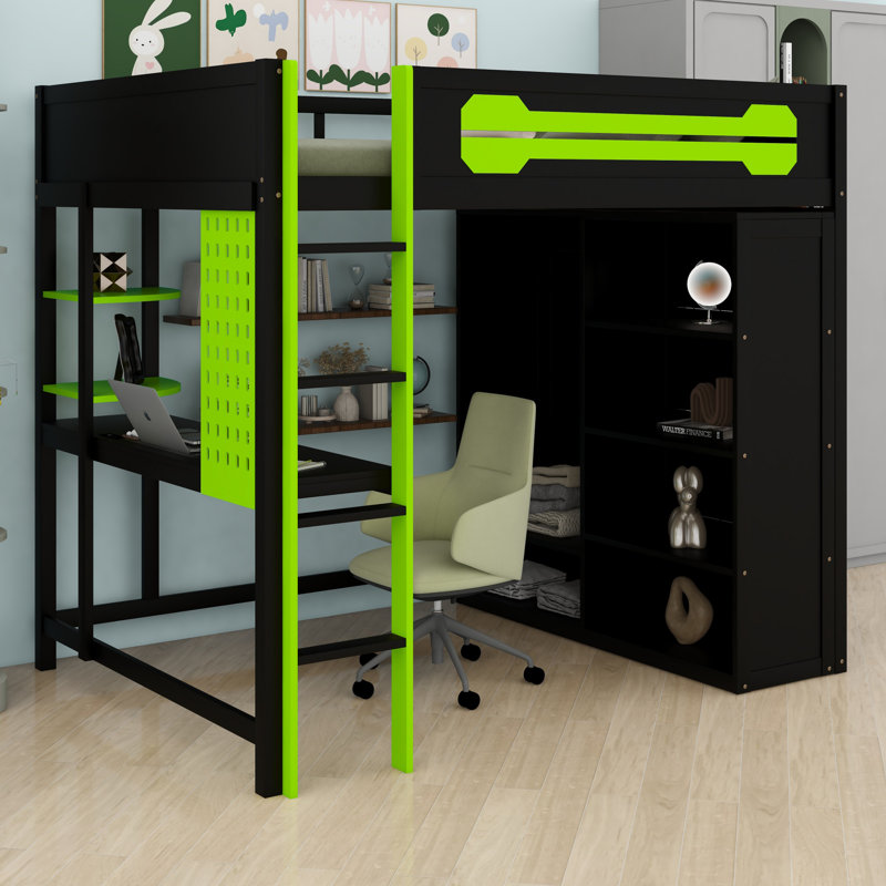 Lit mezzanine avec bureau intégré, armoire ouverte, Vert