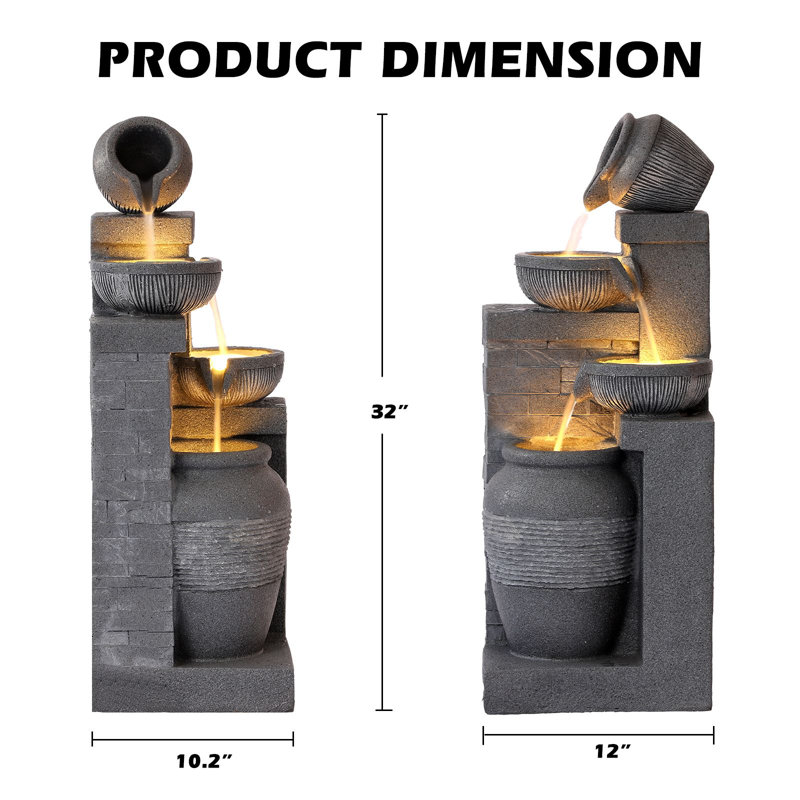 Outdoor 4-Tiers Water Fountain, Garden Cascading Waterfalls Fountain with LED Lights, 32" H Modern Indoor/Outdoor Bowl Waterfall Feature Water Fountains