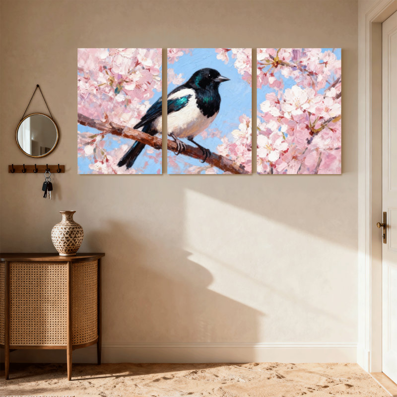 Oiseaux perchés sur une branche de printemps, ensemble de 3 impressions sur toile, H 24 po x l 48 po
