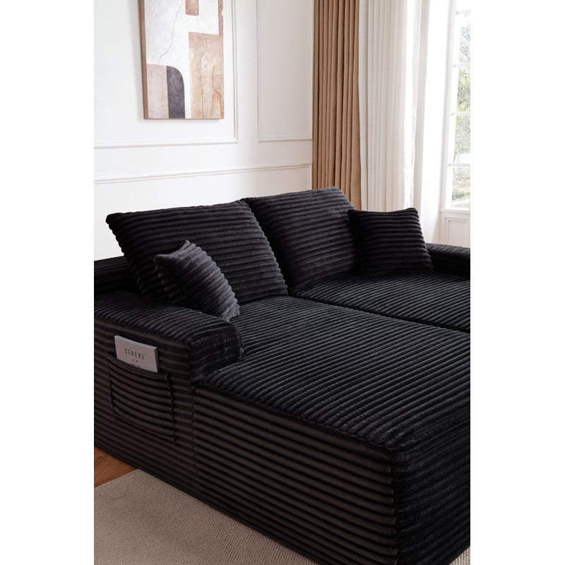 Méridienne gauche de 37,5 pouces avec velours noir moelleux, sans porte-gobelet, assortie flexible, principalement pour le salon.