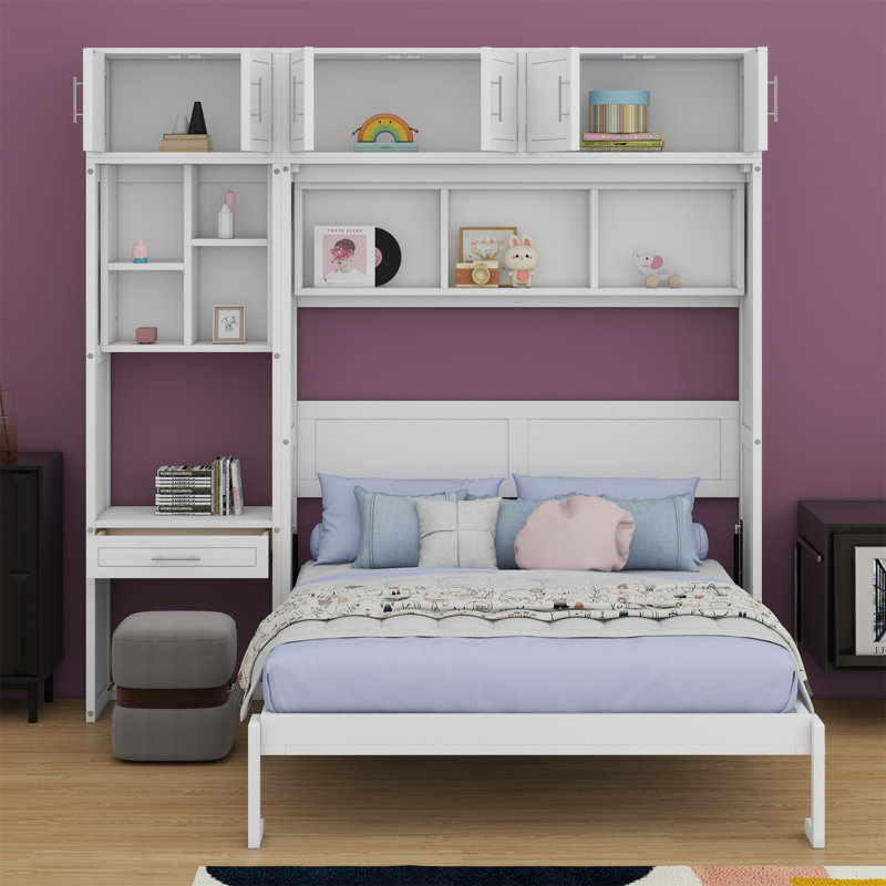 Lit escamotable avec bureau, armoire supérieure et tablettes de rangement, lit pliable peu encombrant