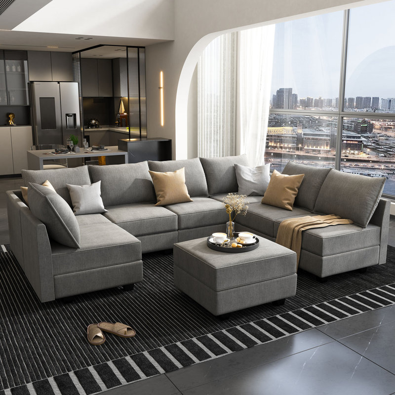 Modular U shaped Sectional Sofa with Storage Ottoman, Bluish Gray Polyester